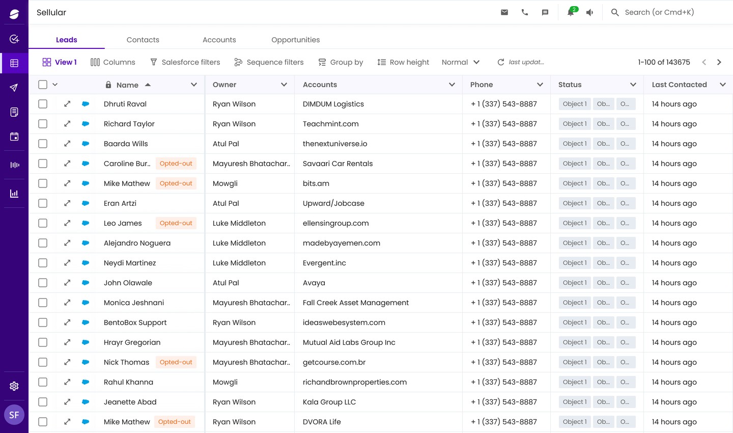 Sellular: Sales management platform with CRM-style leads table